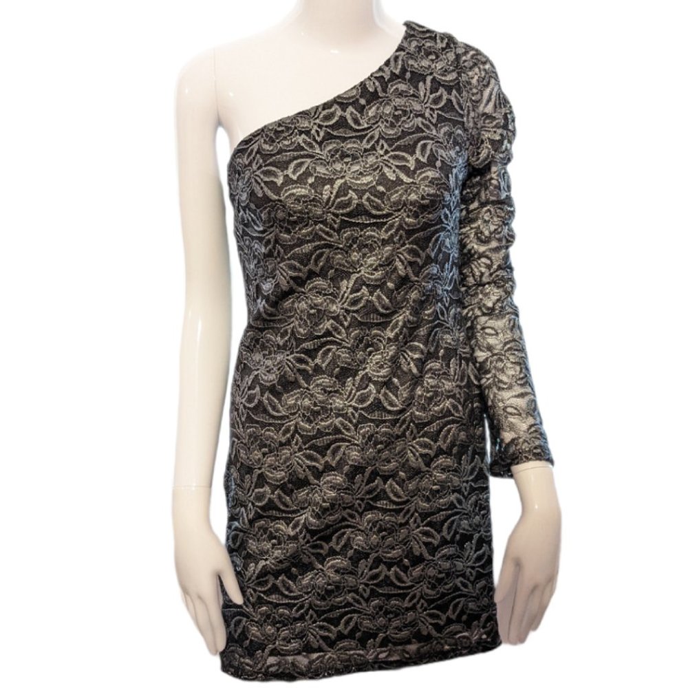 Guess Silver Metallic One Shoulder Foiled Dress